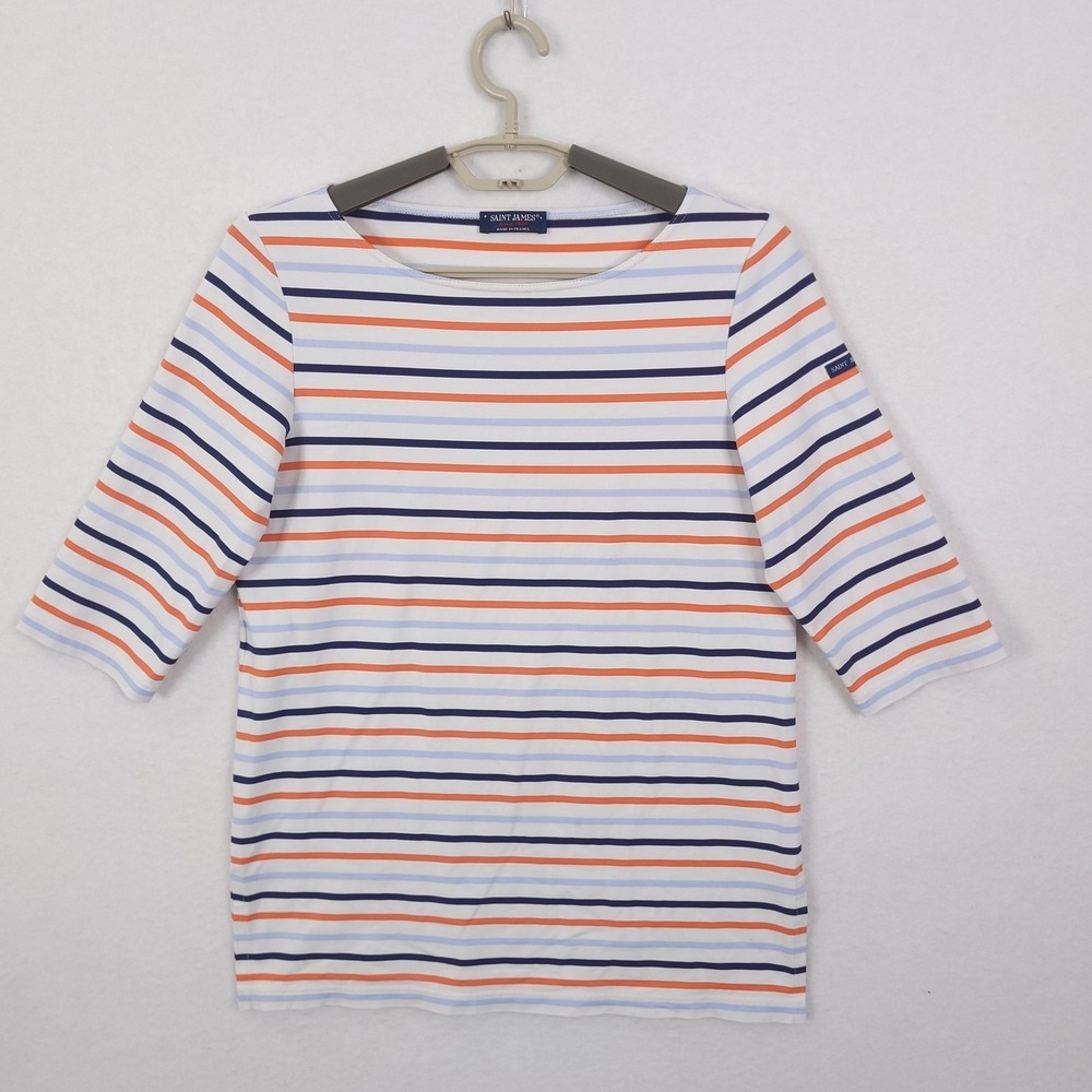 Saint James Striped Boat‎ Neck Top XXS  3/4 Sleeve MultiColor Navy Orange White